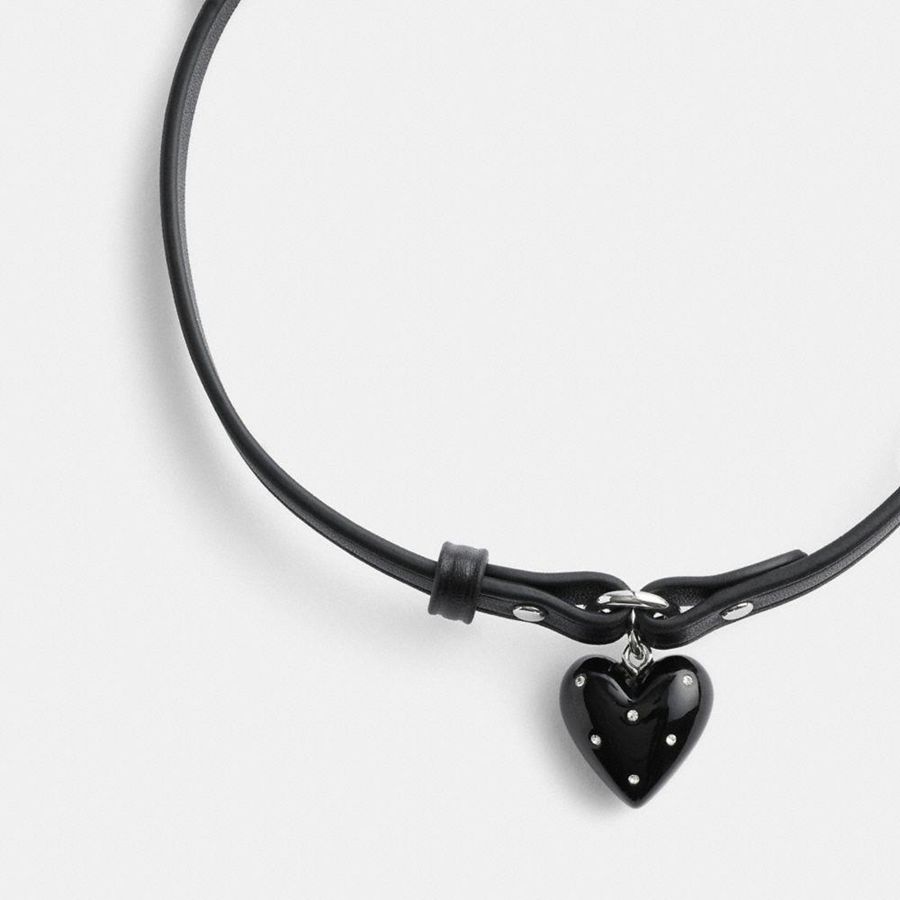 Jóias COACH Resin Heart Charm Leather Choker Feminino Pretas | 45918XCVB