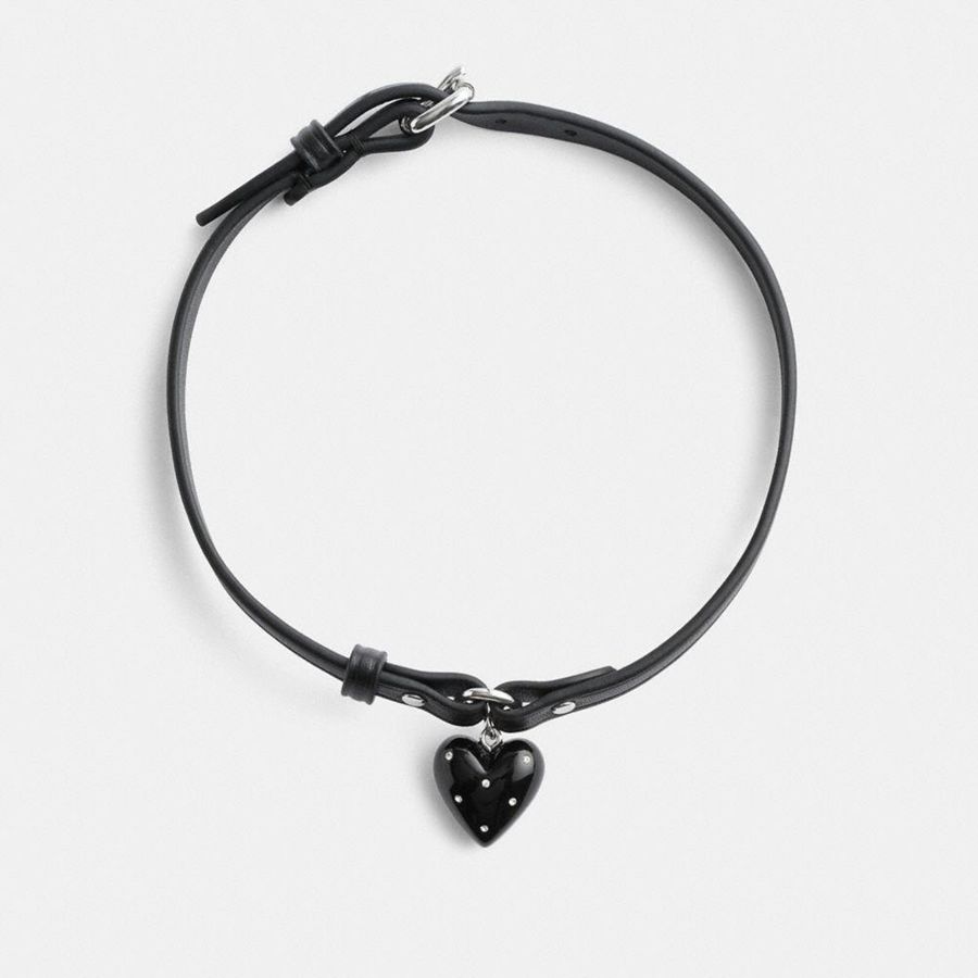 Jóias COACH Resin Heart Charm Leather Choker Feminino Pretas | 45918XCVB