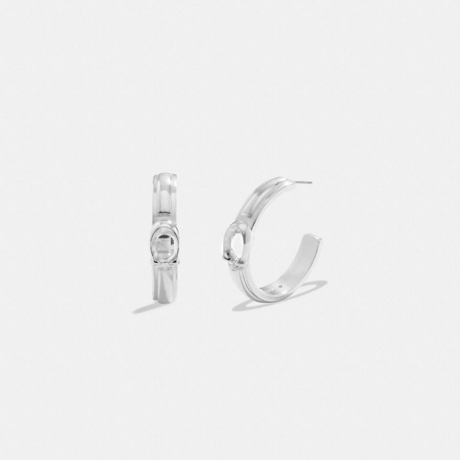 Jóias COACH Sculpted Signature Hoop Earrings Feminino Prateadas | 47823IEOY