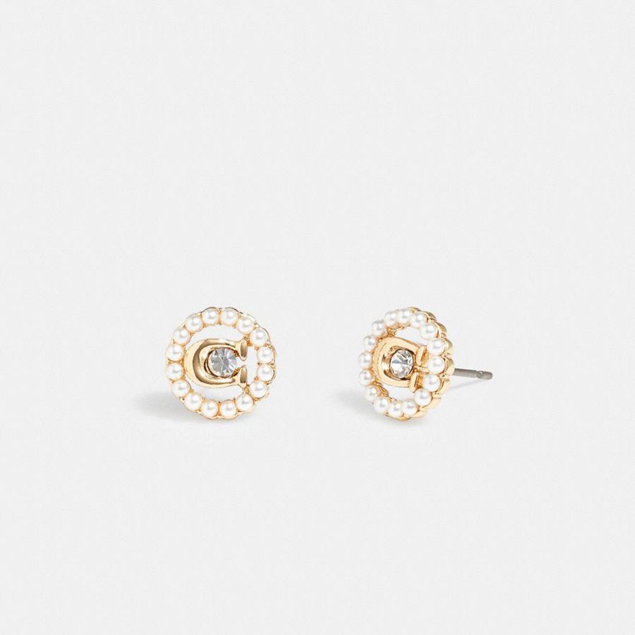 Jóias COACH Signature Crystal Pearl Stud Earrings Feminino Douradas | 73184OWGF
