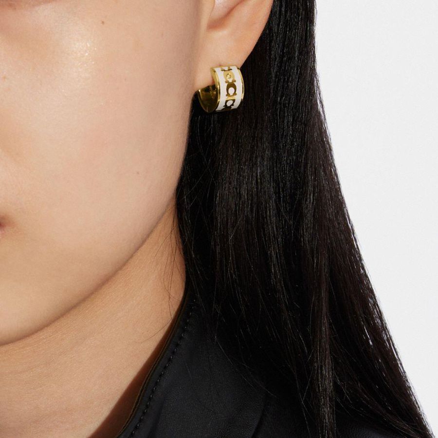 Jóias COACH Signature Enamel Hoop Earrings Feminino Douradas | 09634HYGO
