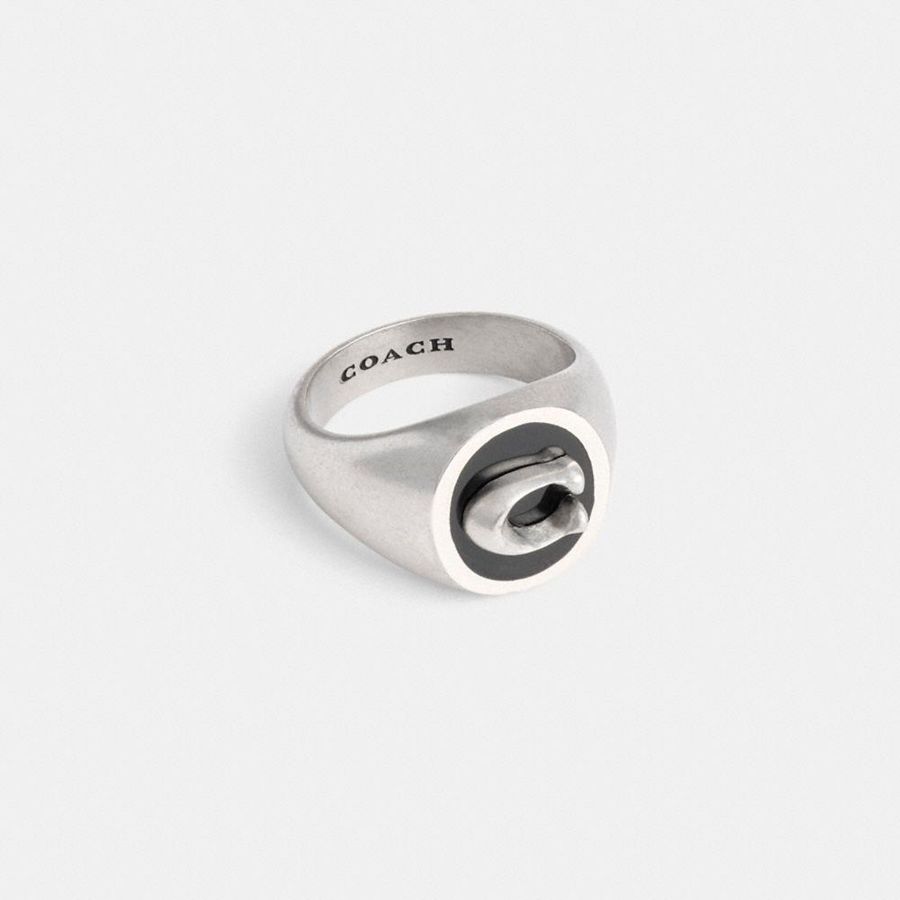 Jóias COACH Signature Signet Ring Masculino Prateadas | 39127QVSU