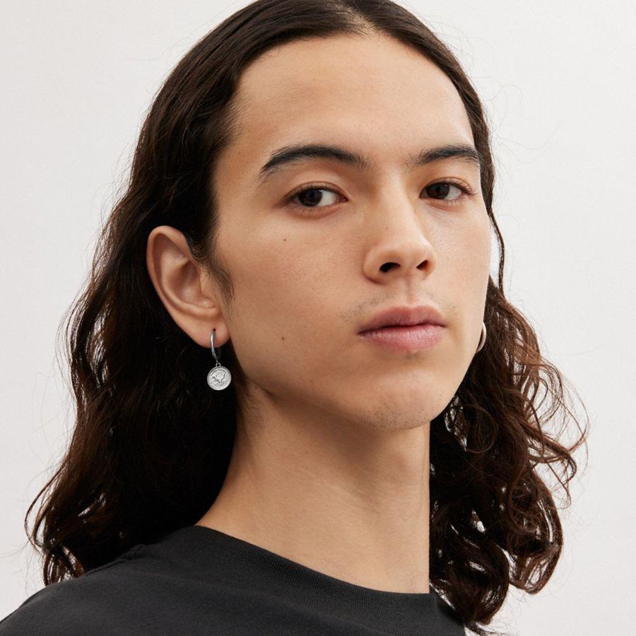 Jóias COACH Sterling Coin Single Huggie Earring Masculino Prateadas | 02931OWEF