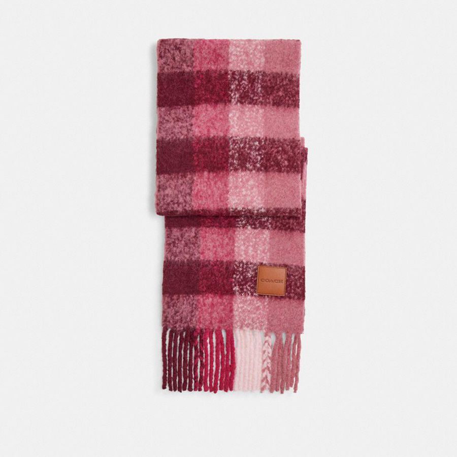 Lenço COACH Oversized Plaid Muffler With Leather Patch Feminino Rosa | 79138AJIN