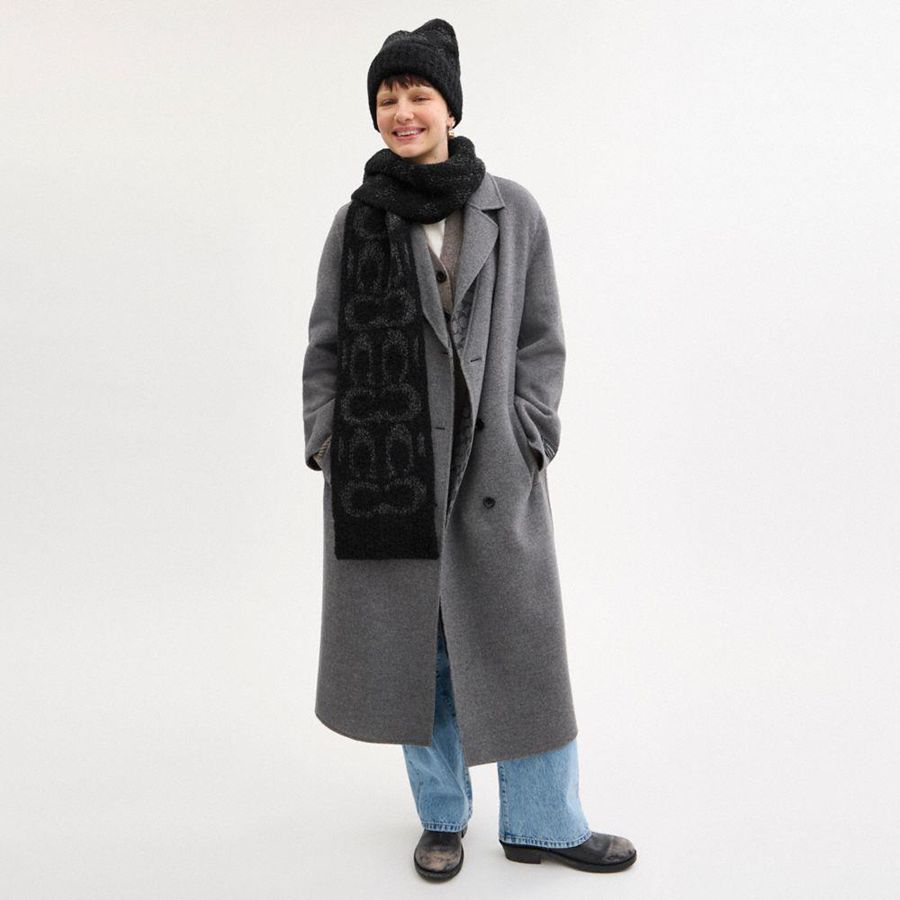 Lenço COACH Signature Knit Boucle Oversized Muffler Feminino Pretas | 52471QTMV