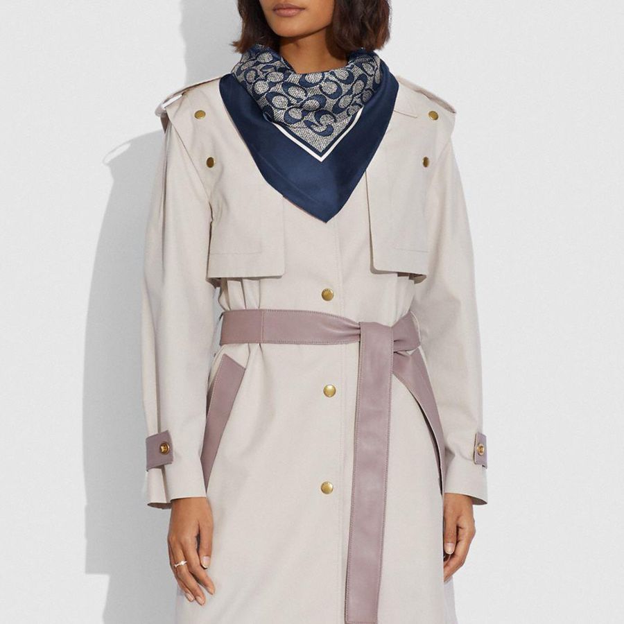 Lenço COACH Textured Signature Print Silk Square Feminino Azul Marinho | 05148SXCO