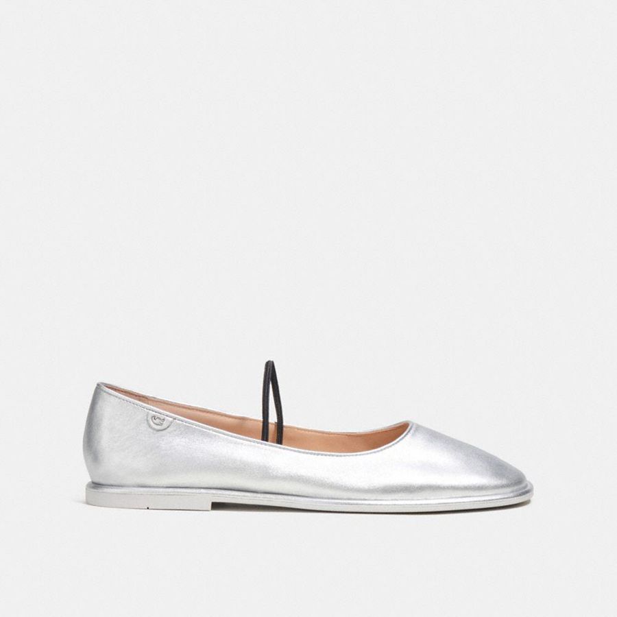 Mocassins COACH Emilia Mary Jane In Silver Metallic Feminino Prateadas | 08371XYNH