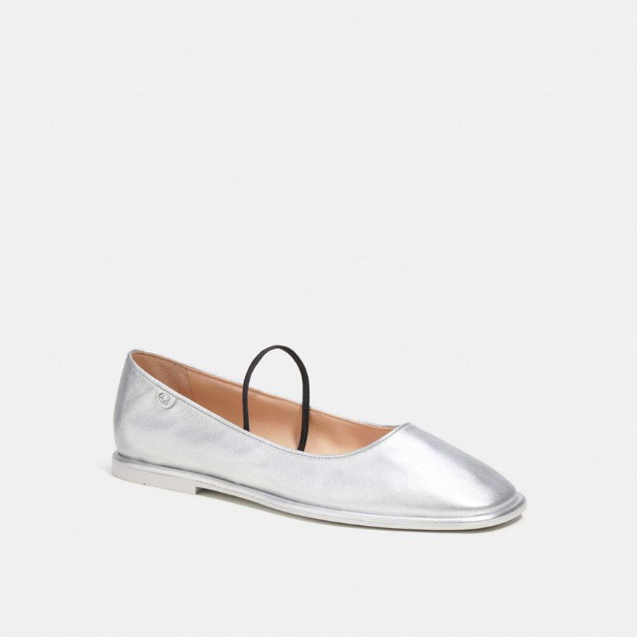 Mocassins COACH Emilia Mary Jane In Silver Metallic Feminino Prateadas | 08371XYNH