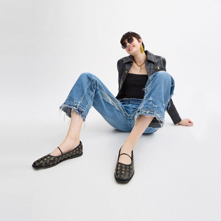 Mocassins COACH Emilia Mary Jane With Grommets Feminino Pretas | 41827ELVO
