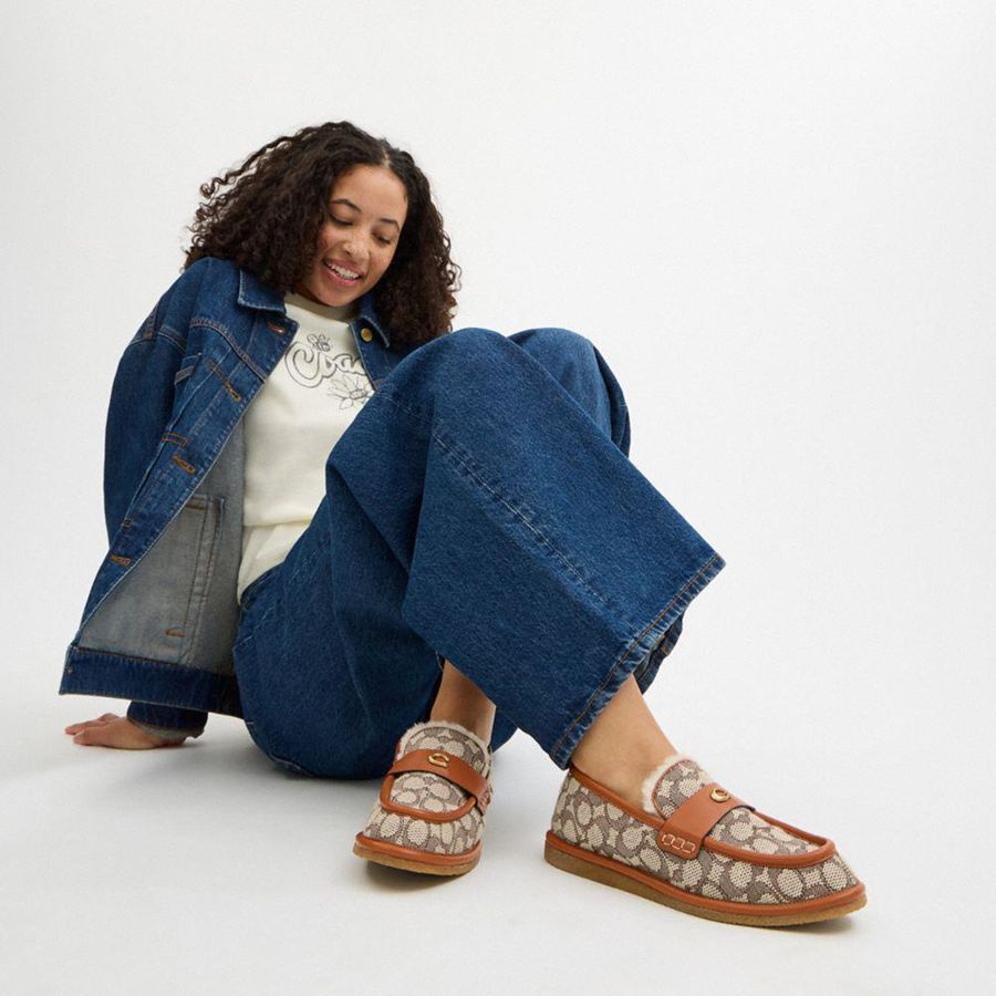 Mocassins COACH Forest Slipper In Signature Textile Jacquard Feminino Marrom | 49528NCFZ