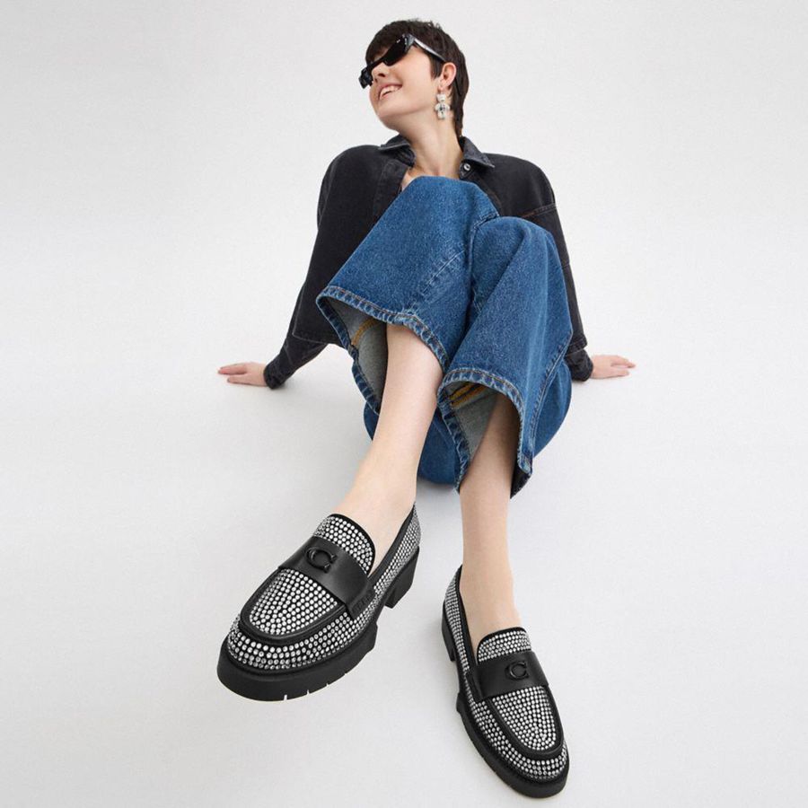 Mocassins COACH Leah With Crystal Feminino Prateadas | 52698MCIB