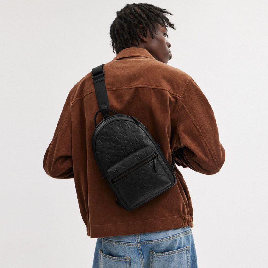 Mochila COACH Charter Pack In Signature Leather Masculino Pretas | 96015OVNW