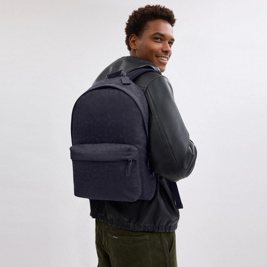 Mochila COACH Hall In Signature Jacquard Masculino Azul Marinho | 73580LUCA