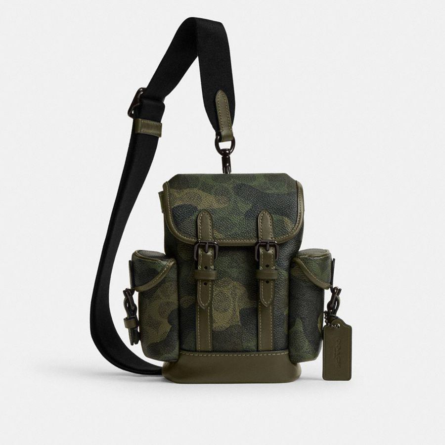Mochila COACH Hitch 13 In Signature Camo Print Masculino Verdes | 56834OFPU