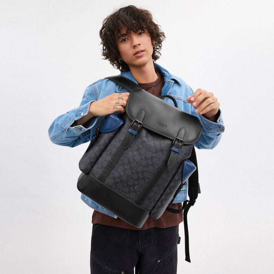 Mochila COACH Hitch In Blocked Signature Canvas Masculino Pretas | 05942RCLK