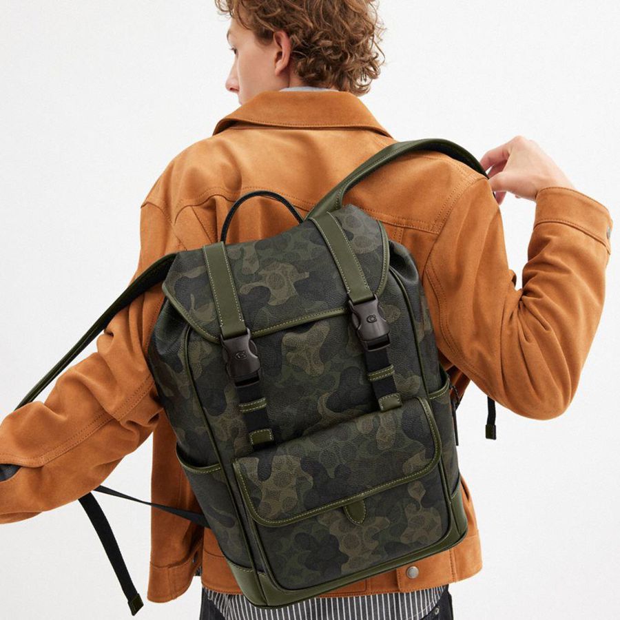 Mochila COACH League Flap In Signature Camo Print Masculino Verdes | 72149JFAS