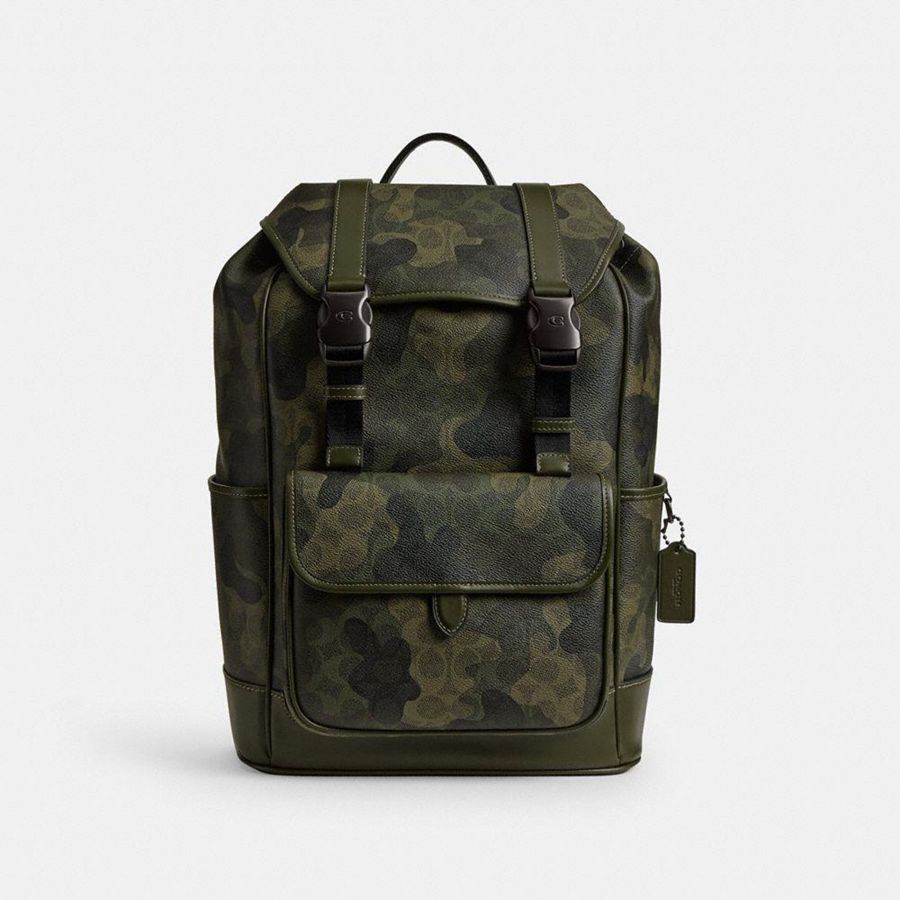 Mochila COACH League Flap In Signature Camo Print Masculino Verdes | 72149JFAS