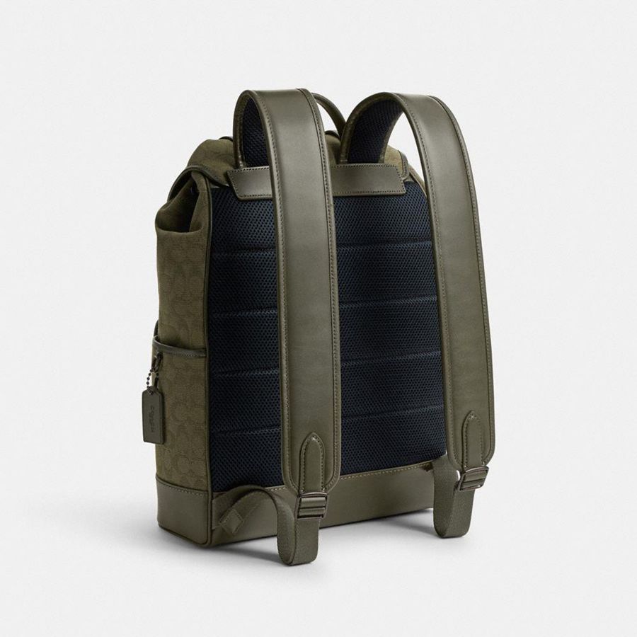 Mochila COACH League Flap In Signature Canvas Jacquard Masculino Verdes | 84576FNCJ