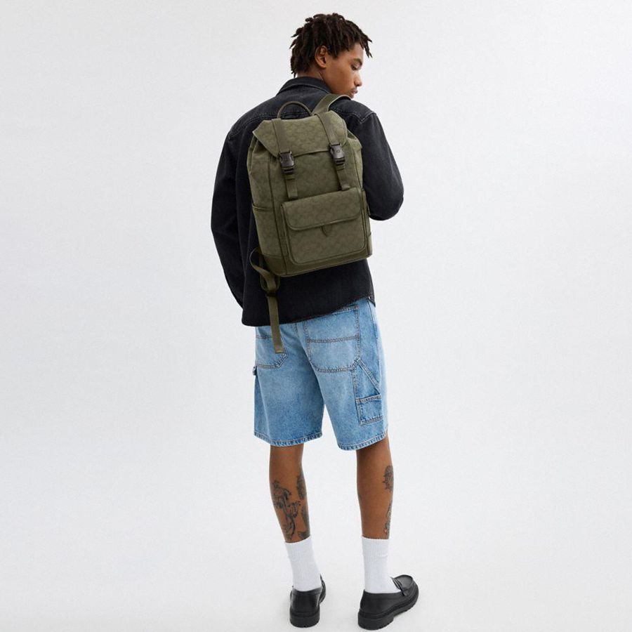 Mochila COACH League Flap In Signature Canvas Jacquard Masculino Verdes | 84576FNCJ