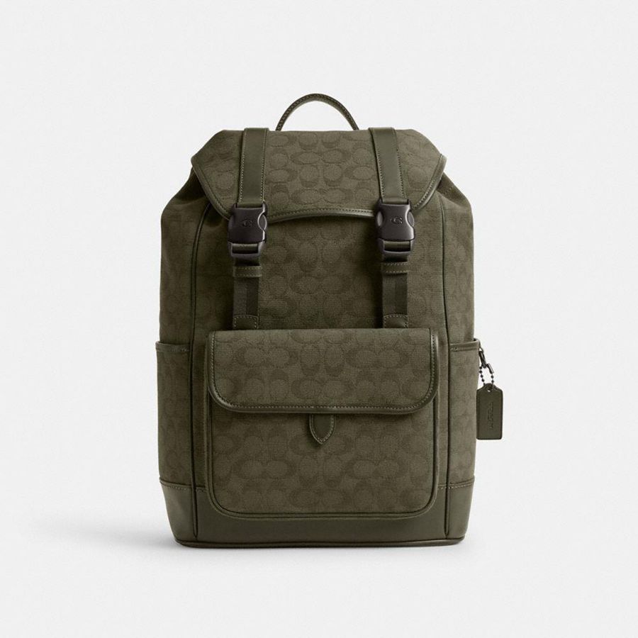 Mochila COACH League Flap In Signature Canvas Jacquard Masculino Verdes | 84576FNCJ