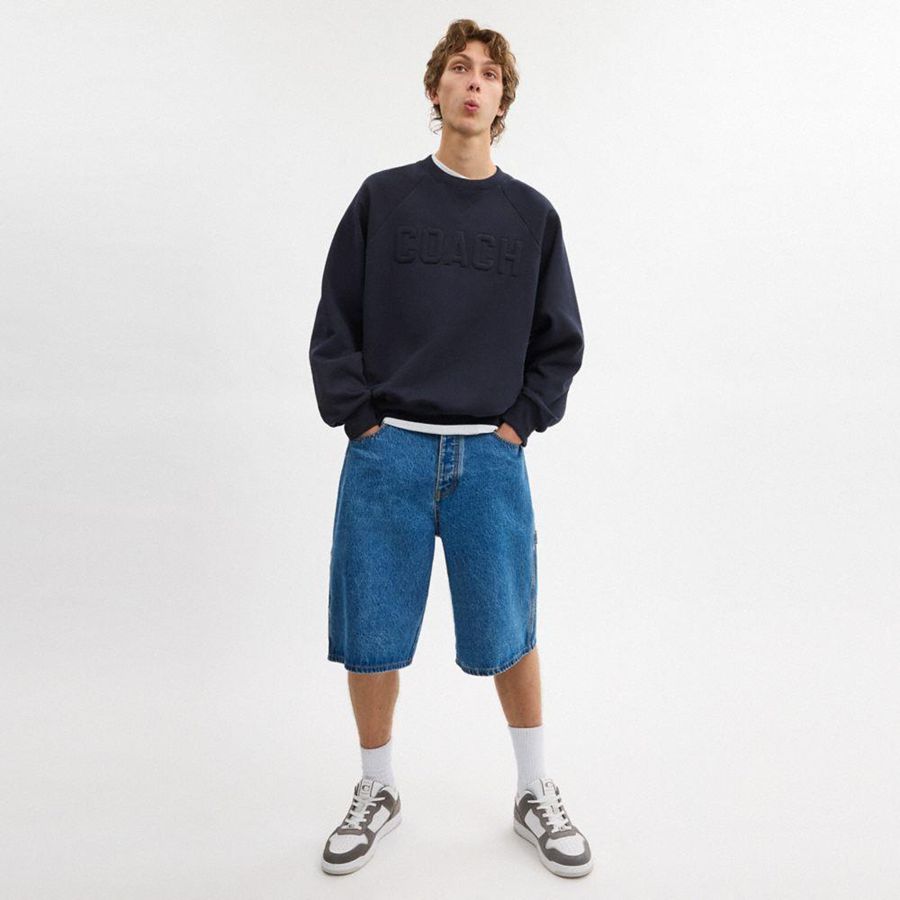 Moletom COACH Debossed Raglan Crewneck Masculino Azul Marinho | 68410THUM