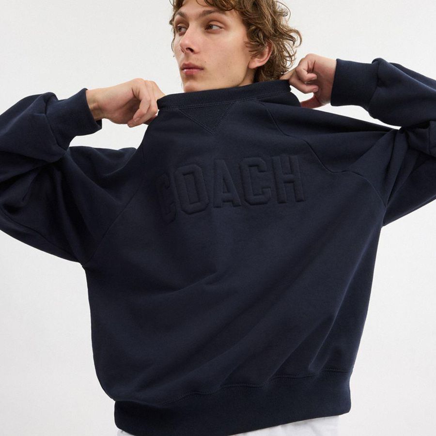 Moletom COACH Debossed Raglan Crewneck Masculino Azul Marinho | 68410THUM