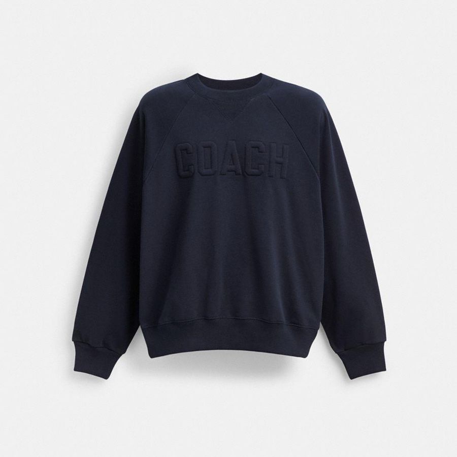 Moletom COACH Debossed Raglan Crewneck Masculino Azul Marinho | 68410THUM