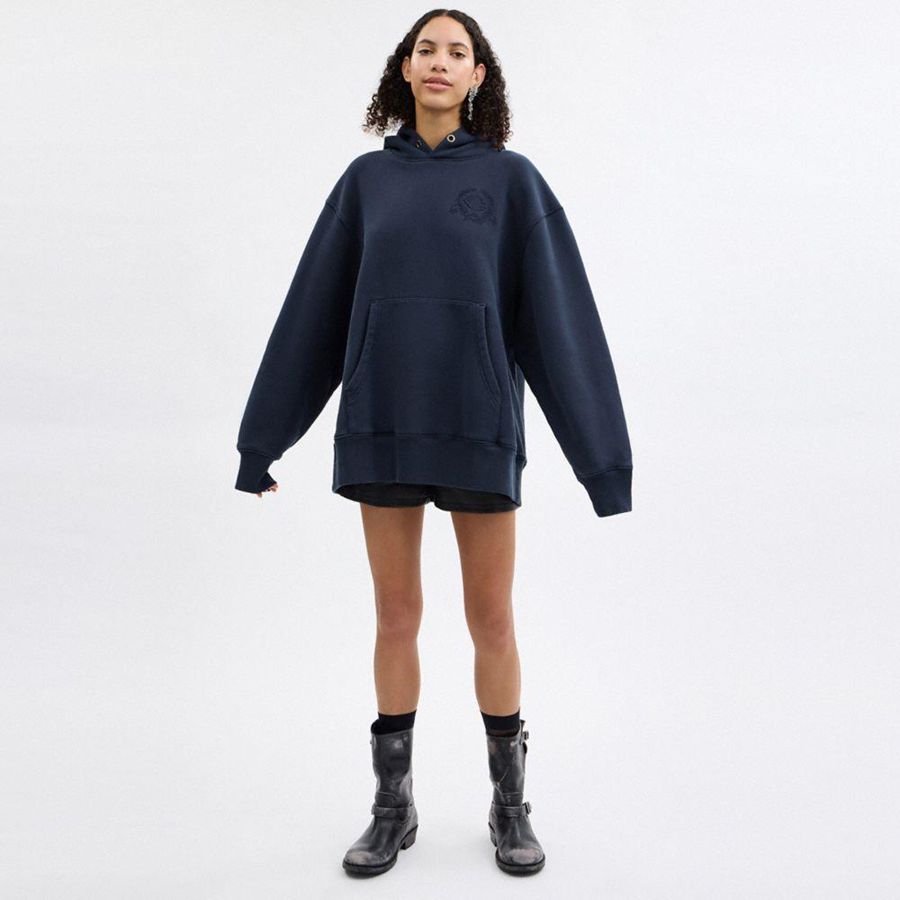Moletom com Capuz COACH Oversized Signature Crest In Organic Cotton Feminino Azuis | 38715MELR