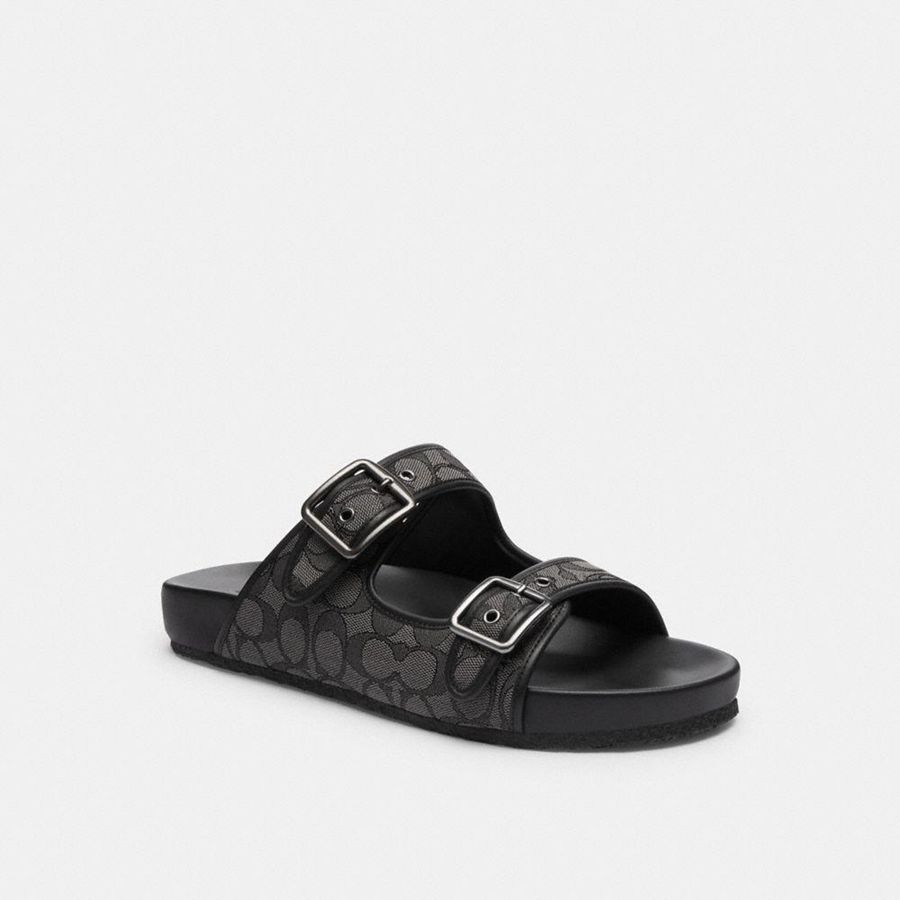 Sandálias COACH Buckle Strap In Signature Jacquard Masculino Pretas | 21506ZYXE