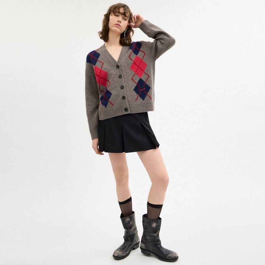 Suéter COACH Argyle Cardigan Feminino Cinzentas | 96287XKJA