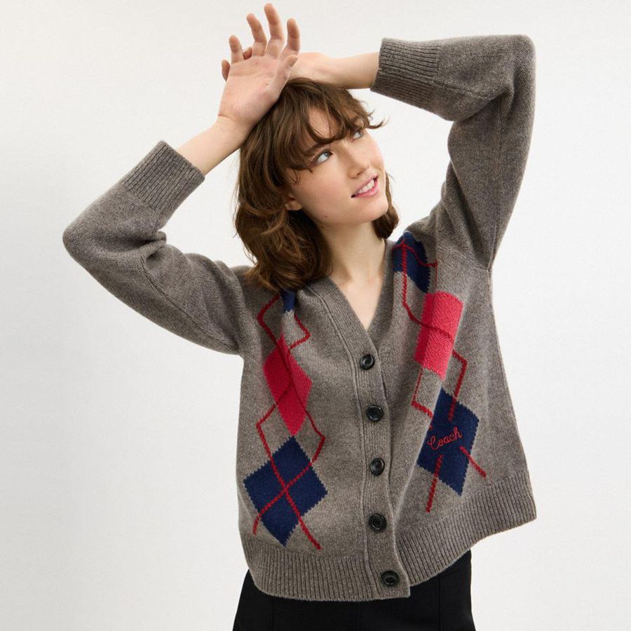 Suéter COACH Argyle Cardigan Feminino Cinzentas | 96287XKJA