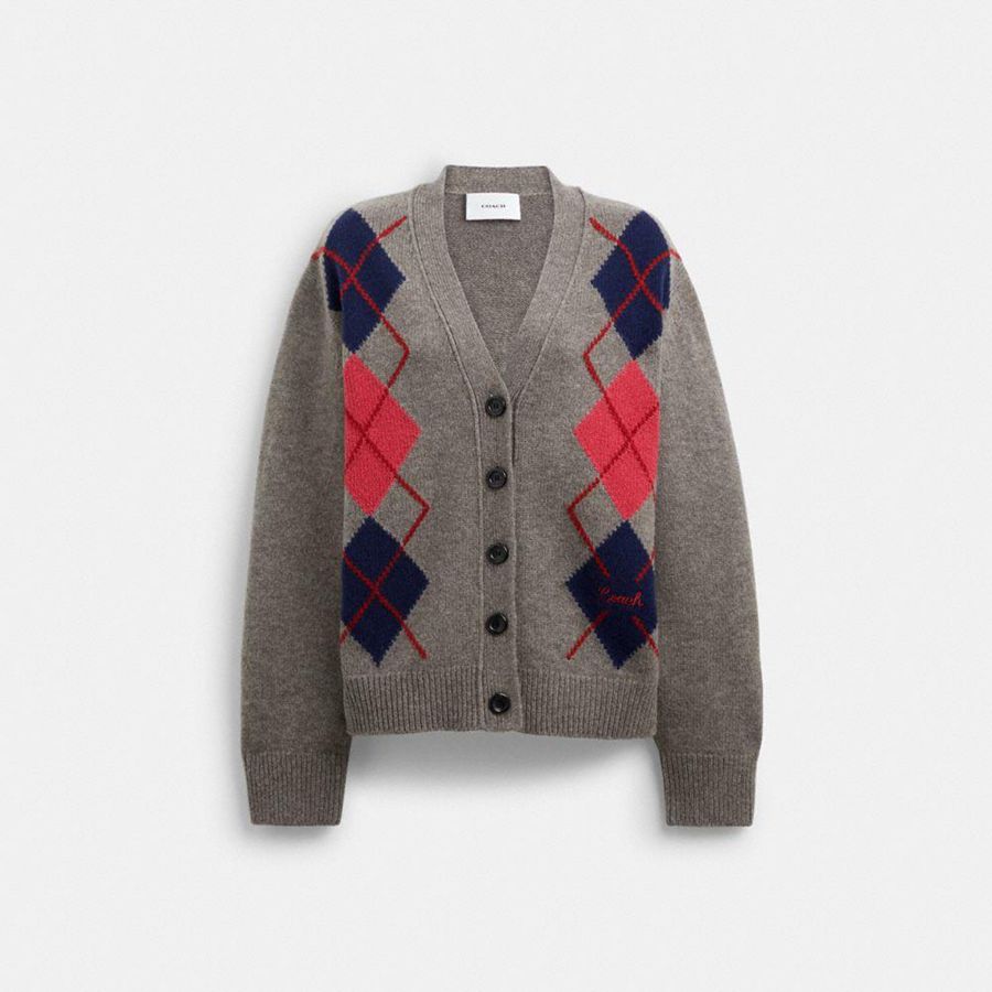 Suéter COACH Argyle Cardigan Feminino Cinzentas | 96287XKJA
