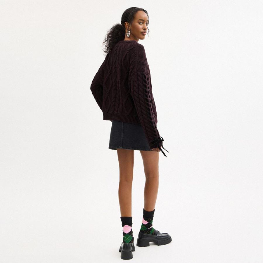 Suéter COACH Cable Knit Bow Feminino Bordeaux | 41806DUCL