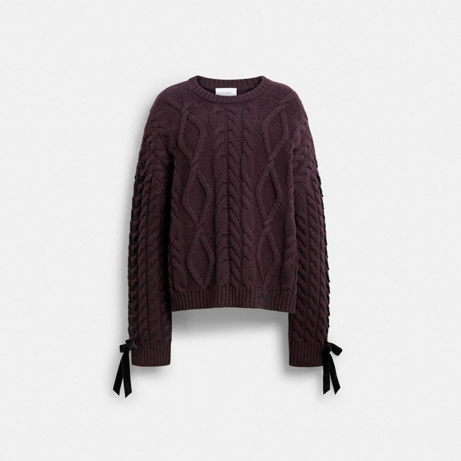 Suéter COACH Cable Knit Bow Feminino Bordeaux | 41806DUCL