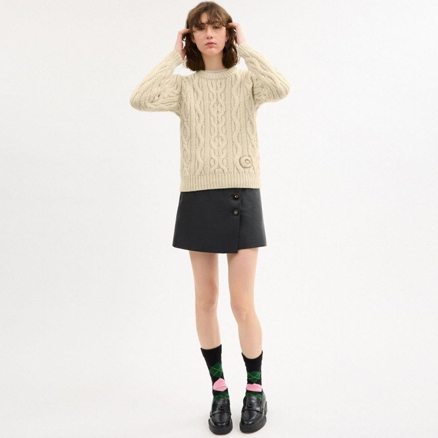Suéter COACH Cable Knit Crewneck Feminino Branco | 93015JHLY