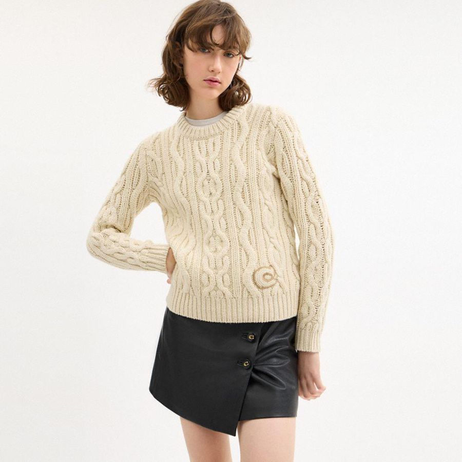 Suéter COACH Cable Knit Crewneck Feminino Branco | 93015JHLY