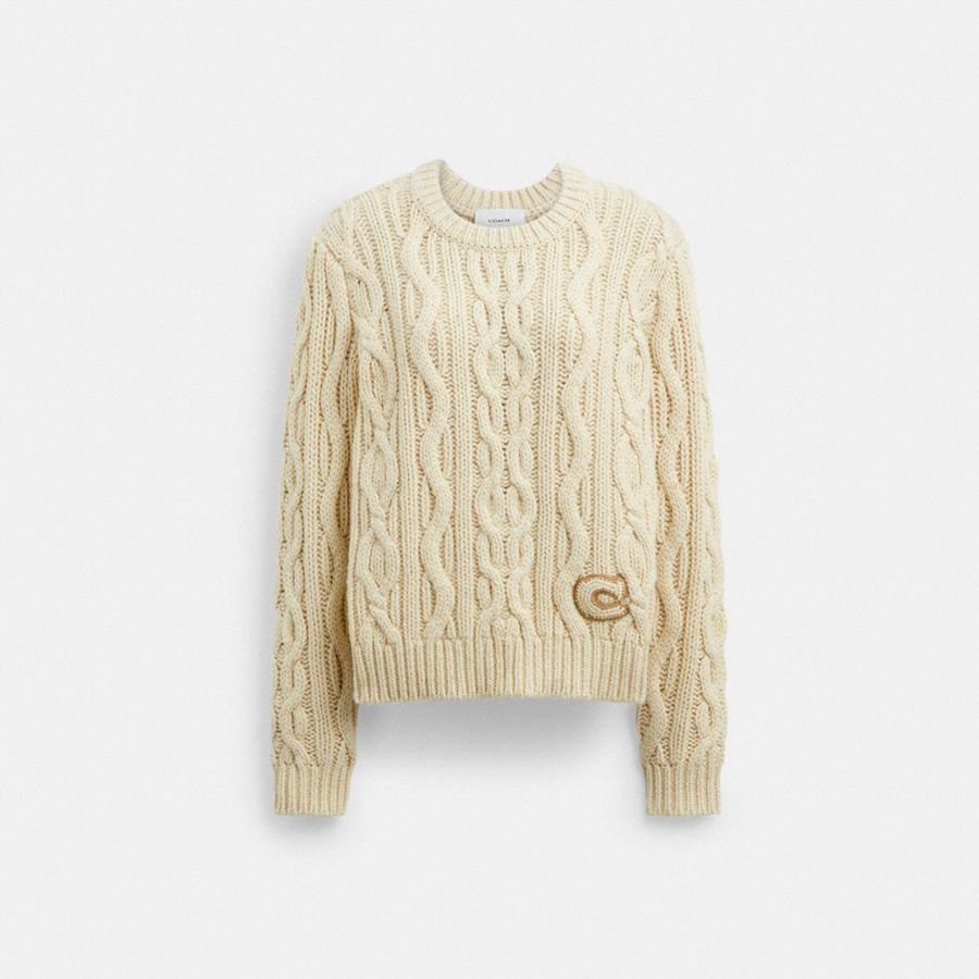 Suéter COACH Cable Knit Crewneck Feminino Branco | 93015JHLY