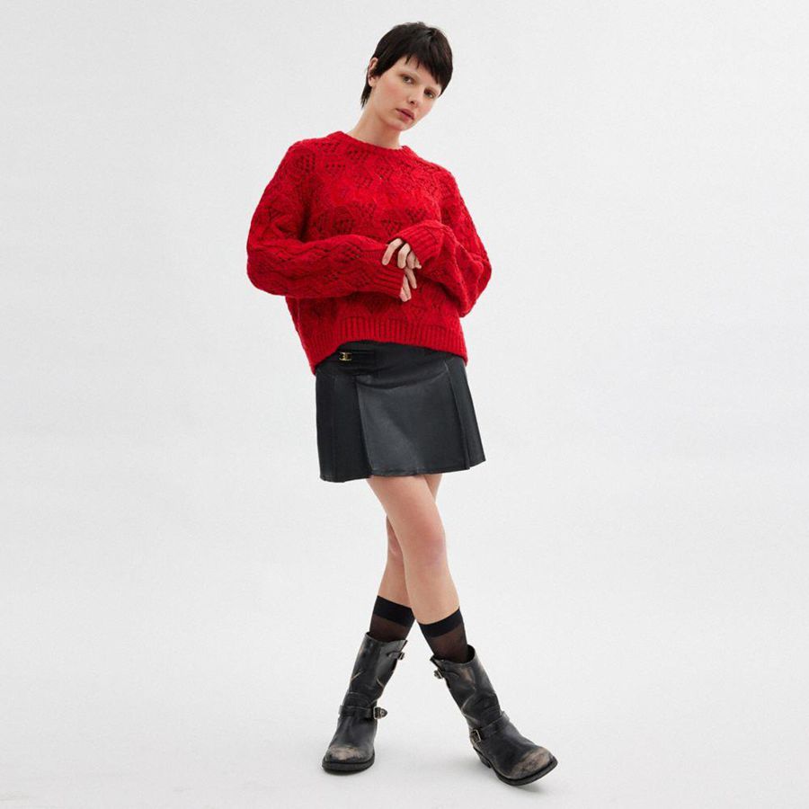Suéter COACH Cable Knit Cursive Signature Cropped Feminino Vermelhas | 23570SEIG
