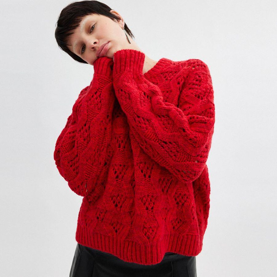 Suéter COACH Cable Knit Cursive Signature Cropped Feminino Vermelhas | 23570SEIG