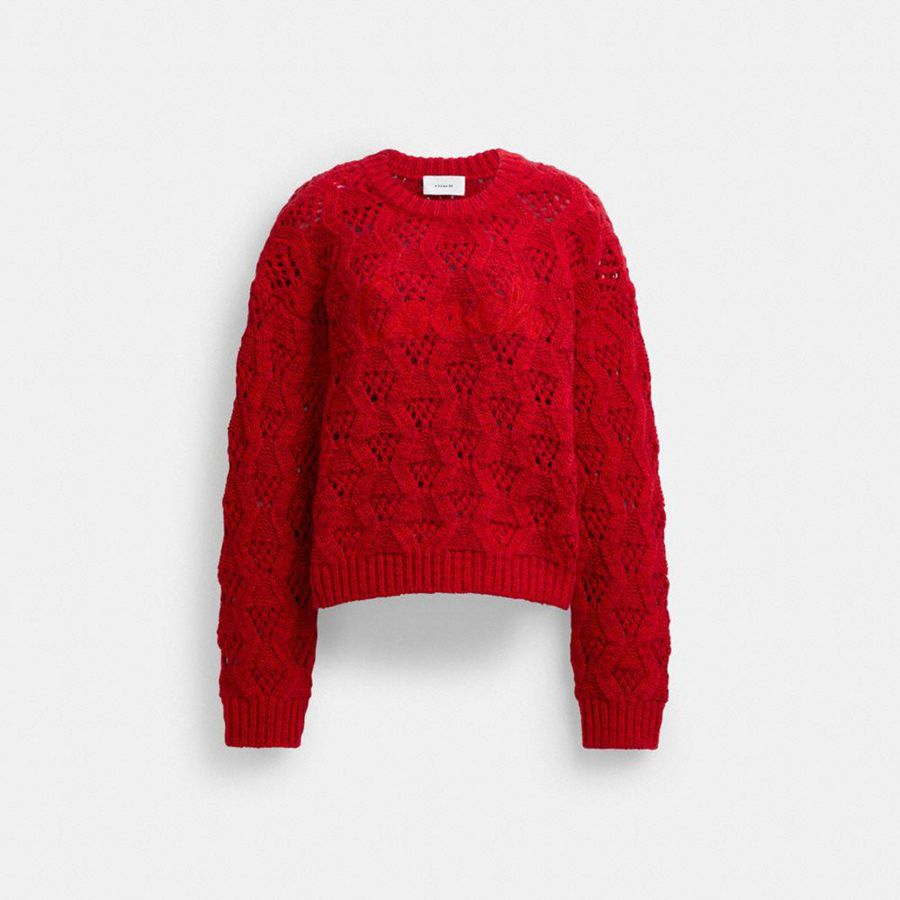 Suéter COACH Cable Knit Cursive Signature Cropped Feminino Vermelhas | 23570SEIG