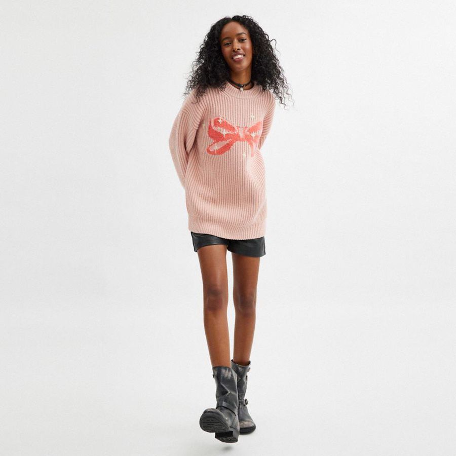 Suéter COACH Crewneck Bow In Recycled Wool Feminino Rosa | 50239JPRD