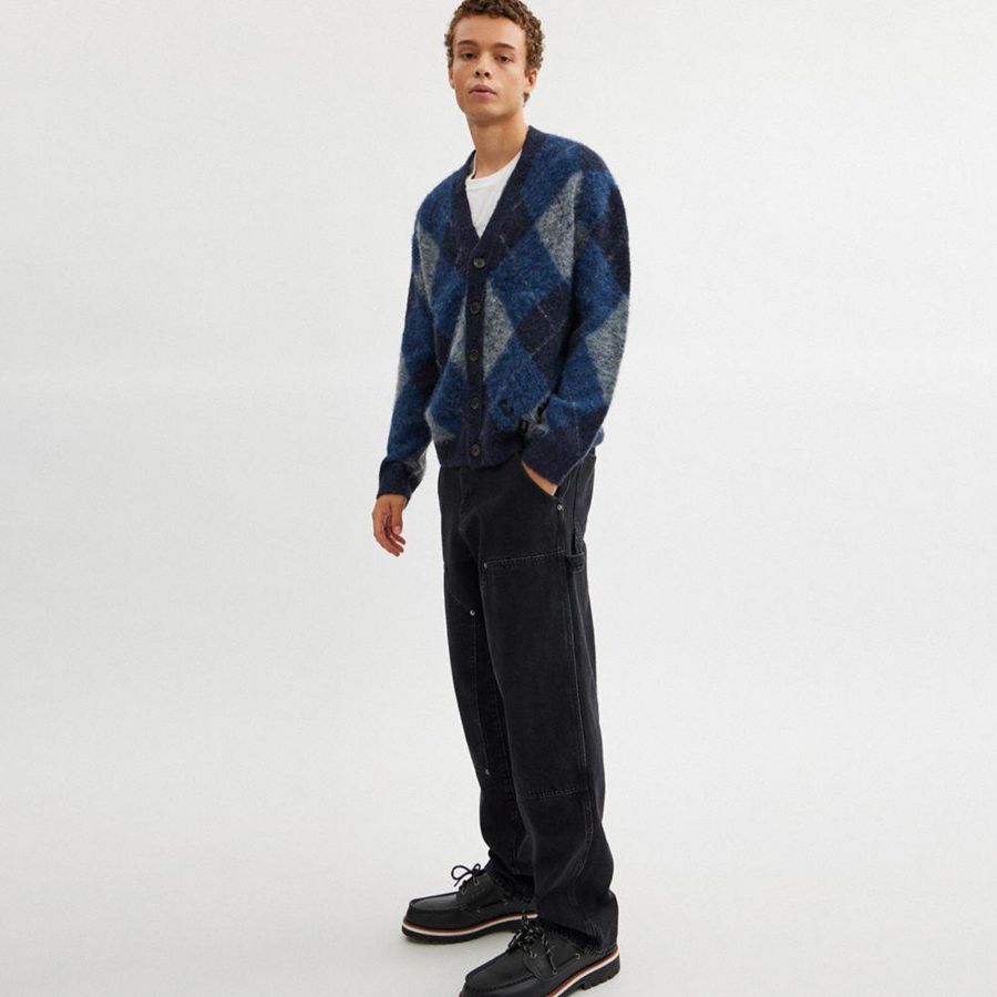 Suéter COACH Fuzzy Argyle Cardigan Masculino Azul Marinho | 18764QVCI