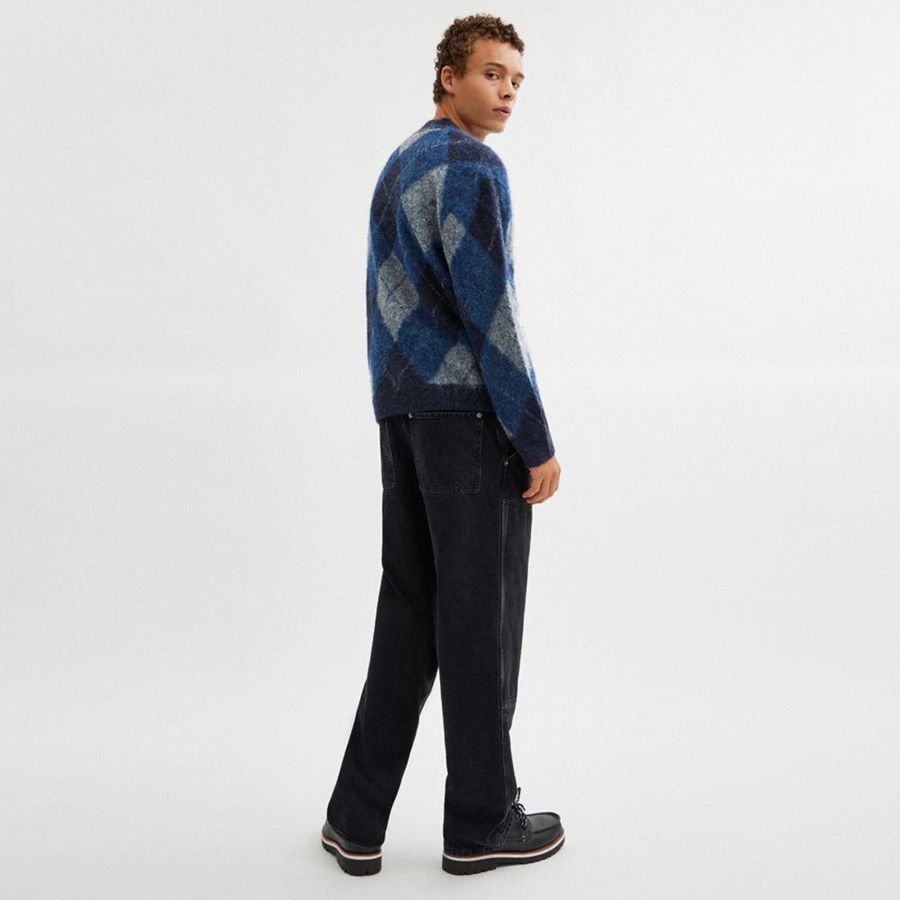 Suéter COACH Fuzzy Argyle Cardigan Masculino Azul Marinho | 18764QVCI