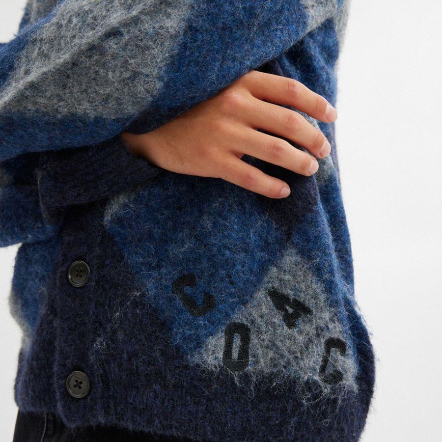 Suéter COACH Fuzzy Argyle Cardigan Masculino Azul Marinho | 18764QVCI