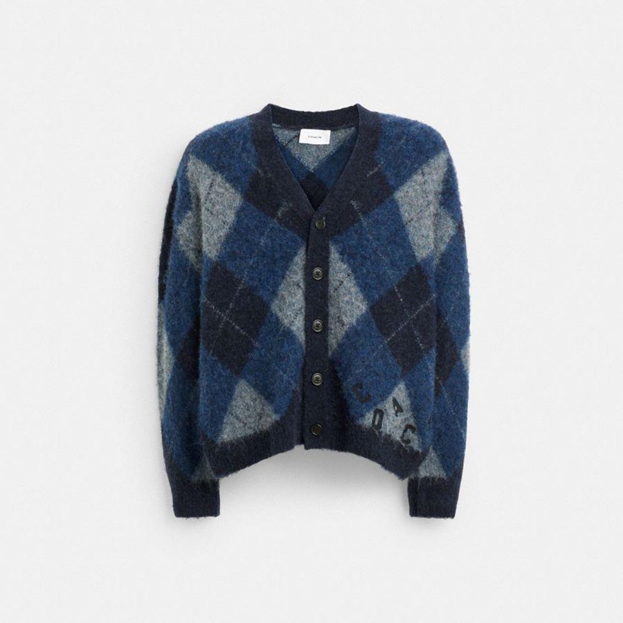 Suéter COACH Fuzzy Argyle Cardigan Masculino Azul Marinho | 18764QVCI