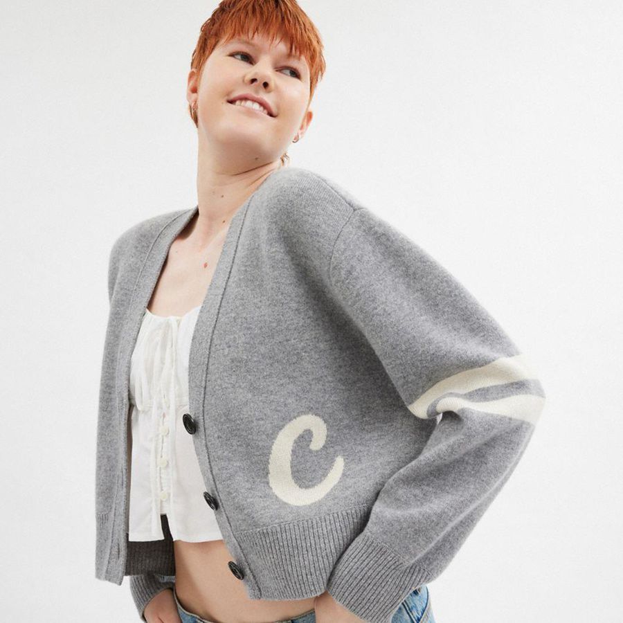 Suéter COACH Signature Script Cropped Cardigan Feminino Cinzentas | 65071WYPA