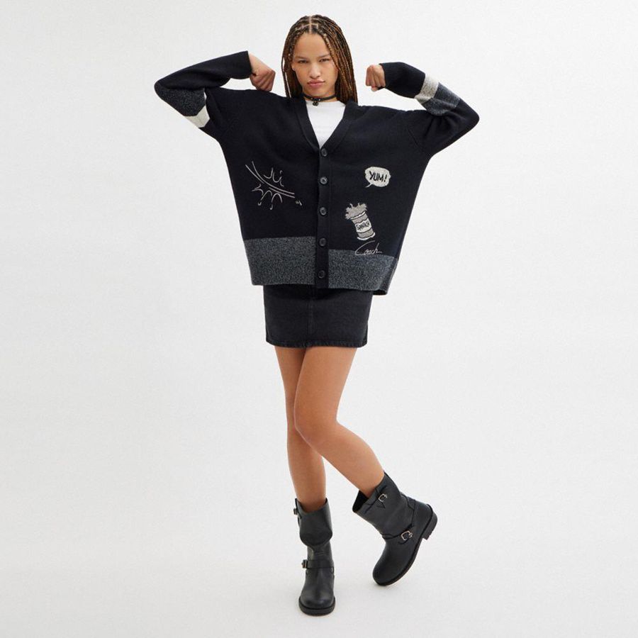 Suéter COACH X Popeye Cardigan Feminino Pretas | 12086VABW