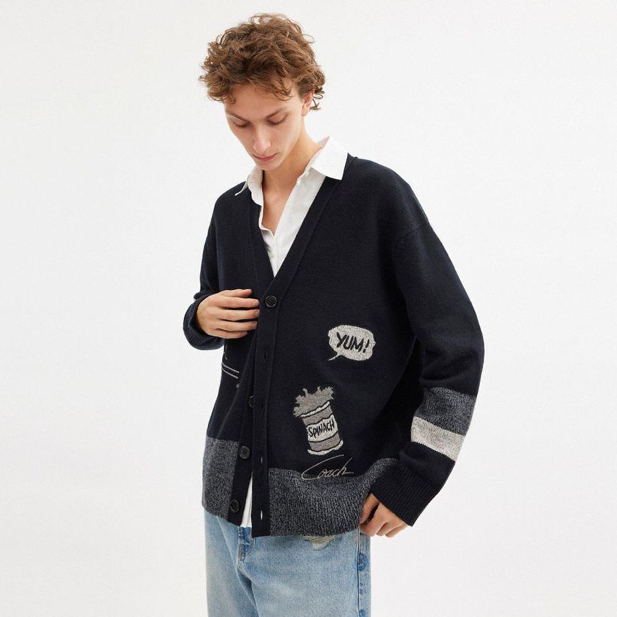 Suéter COACH X Popeye Cardigan Masculino Pretas | 75326UMKA