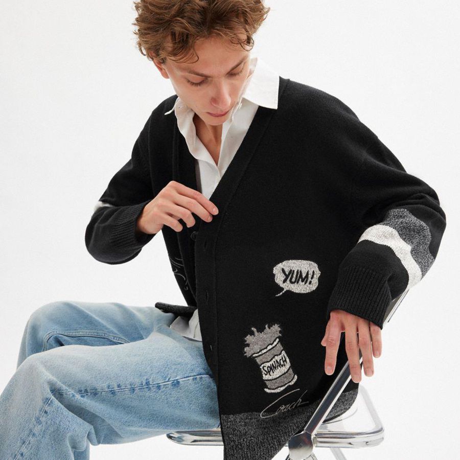 Suéter COACH X Popeye Cardigan Masculino Pretas | 75326UMKA