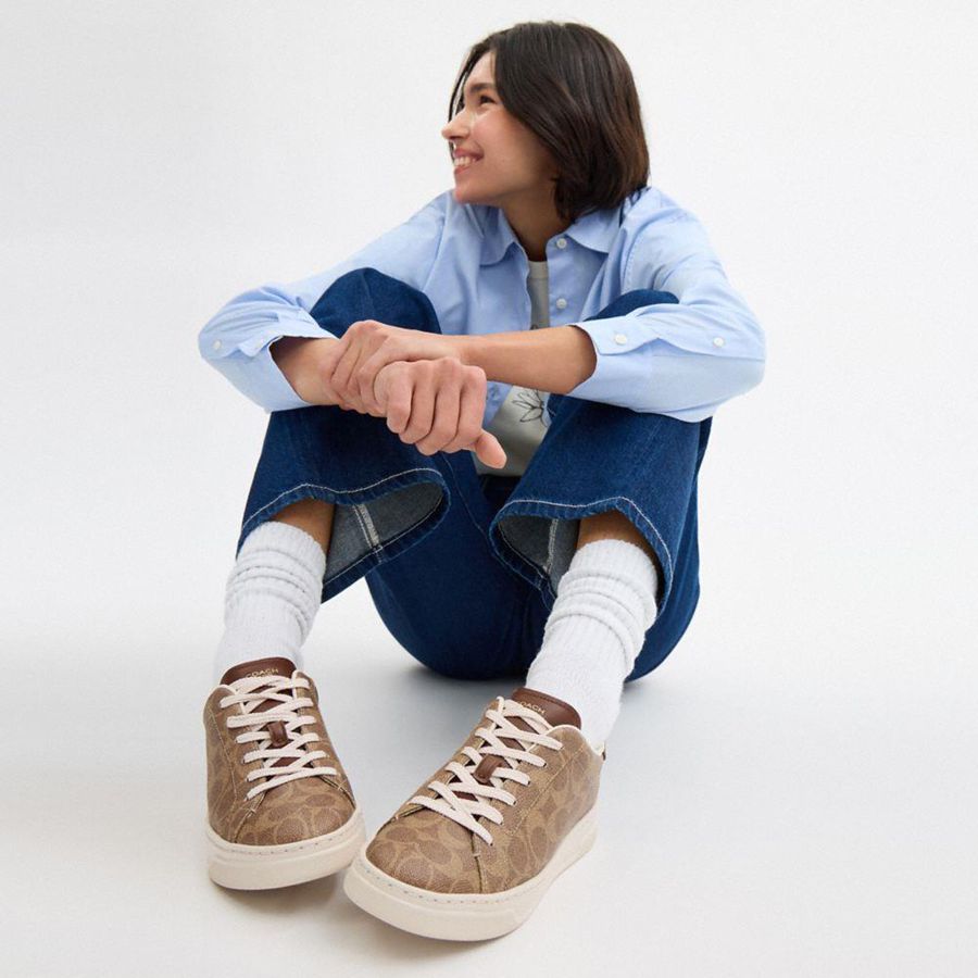Tenis COACH High Line In Signature Canvas Feminino Marrom | 12376WFCT